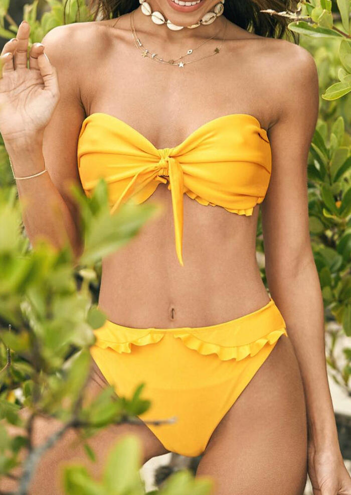 

Yellow Bandeau Strapless Ruffled Tie Knot Front Bikini Set