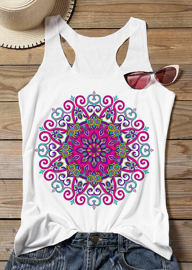 

Tank Tops Floral Geometric Printed O-Neck Tank - White. Size