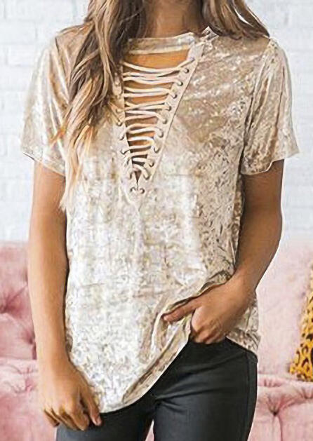 

Blouses Lace Up Short Sleeve Blouse - Khaki. Size