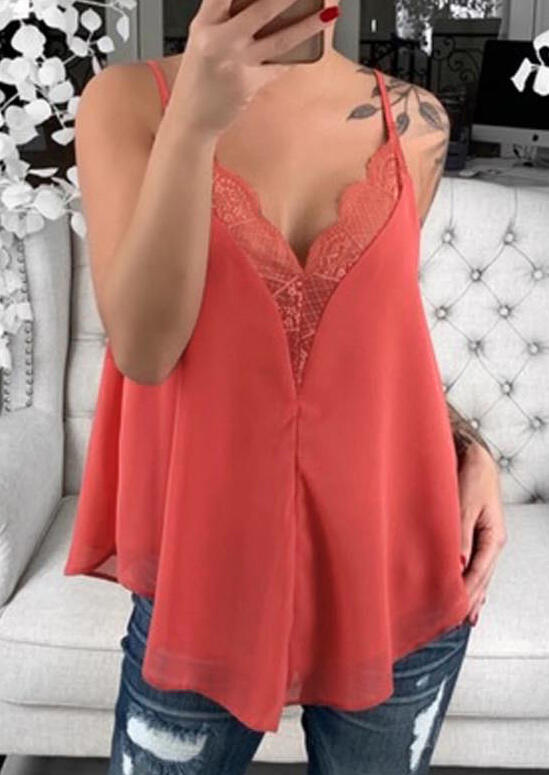 

Tank Tops Lace Spaghetti Strap Camisole - Watermelon Red. Size