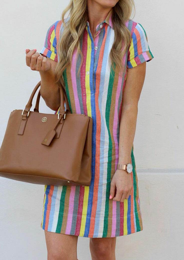 

Mini Dresses Striped Button Short Sleeve Mini Dress - Multicolor. Size