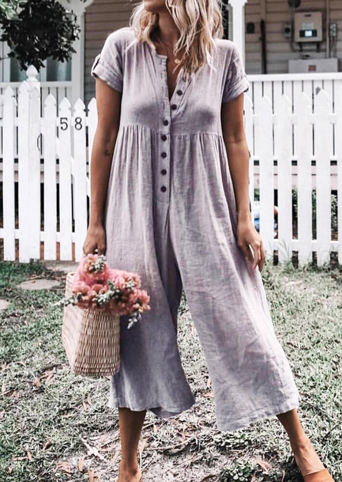 

Solid Button Wide Leg Jumpsuit - Gray, 447682