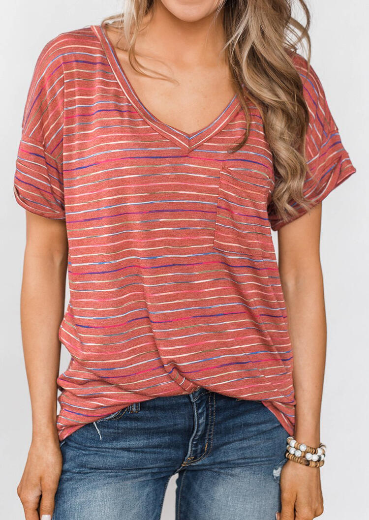

Striped V-Neck T-Shirt Tee without Necklace - Brick Red, 447693