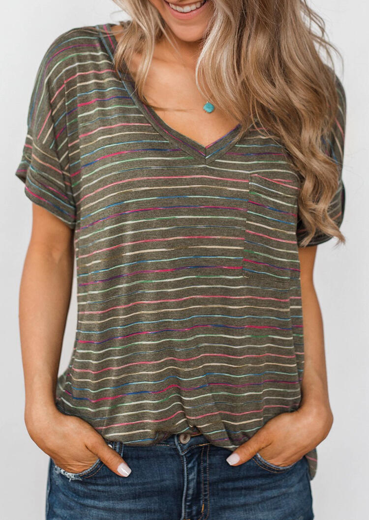 

Striped V-Neck T-Shirt Tee without Necklace - Army Green, 447694