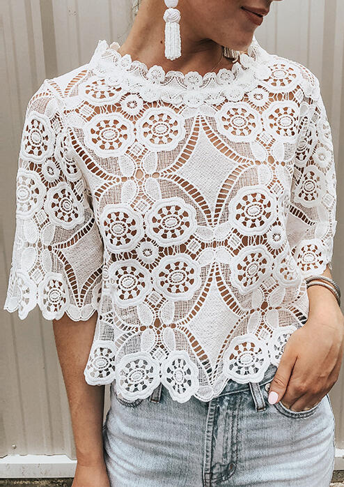 

Blouses Lace Hollow Out Blouse - White. Size