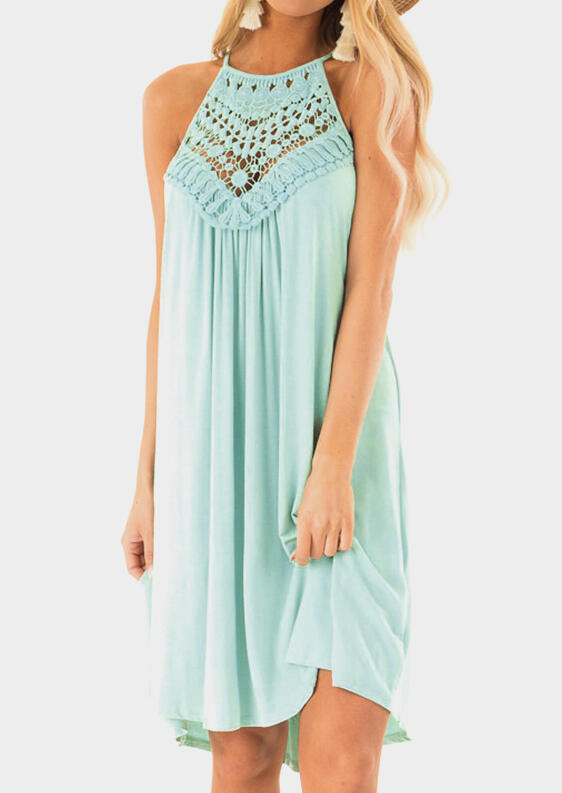 

Solid Lace Splicing Hollow Out Casual Dress - Light Green, 447915