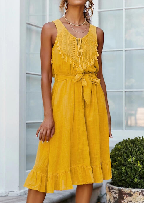 

Solid Tie Tassel Casual Dress without Necklace - Yellow, 447975