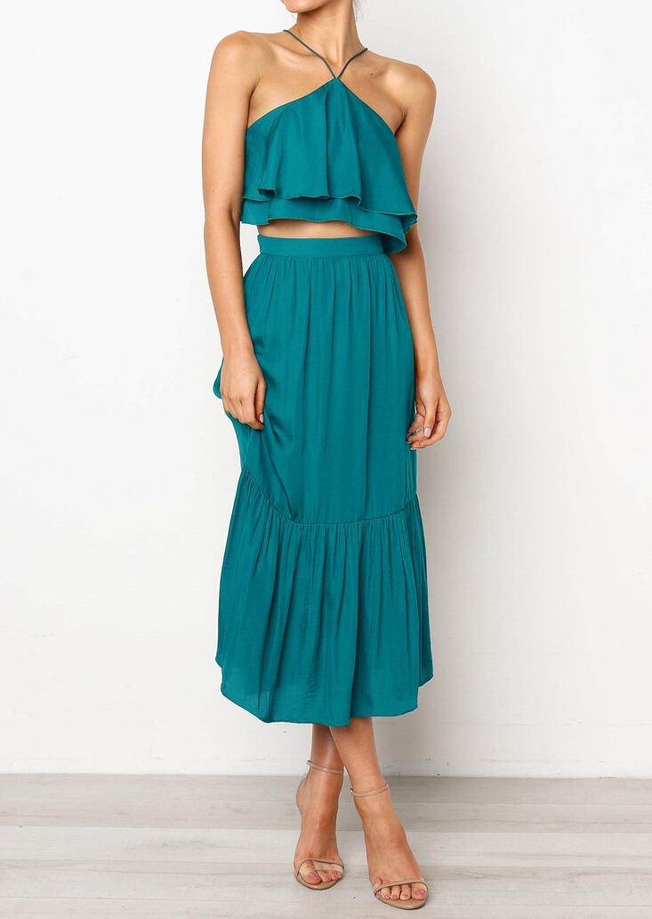 

Solid Layered Backless Two-Piece Dresses - Green, 445263