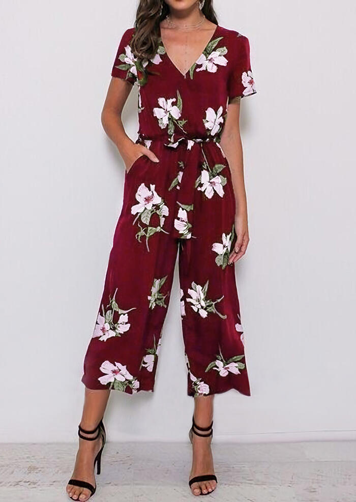 

Jumpsuits & Rompers Floral Pocket Jumpsuit with Belt - Burgundy. Size