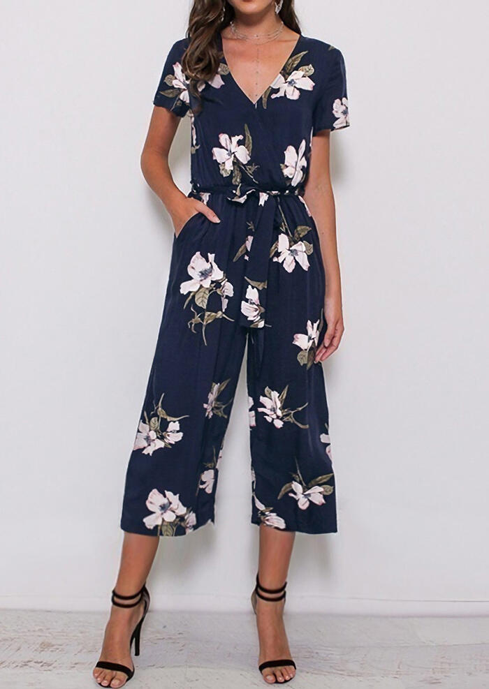 

Jumpsuits & Rompers Floral Pocket Jumpsuit with Belt - Navy Blue. Size