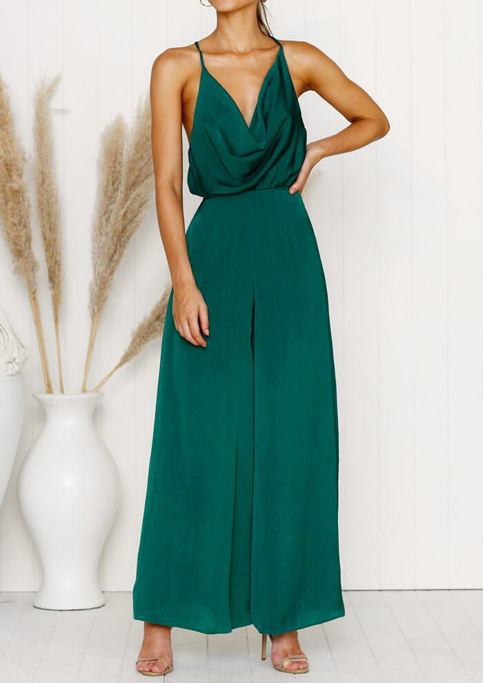 

Solid Ruffled Spaghetti Strap Jumpsuit without Necklace - Dark Green, 447539