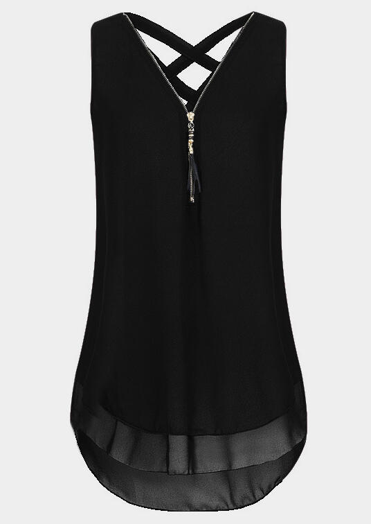 Solid Criss-Cross Zipper Tank - Black, 448091