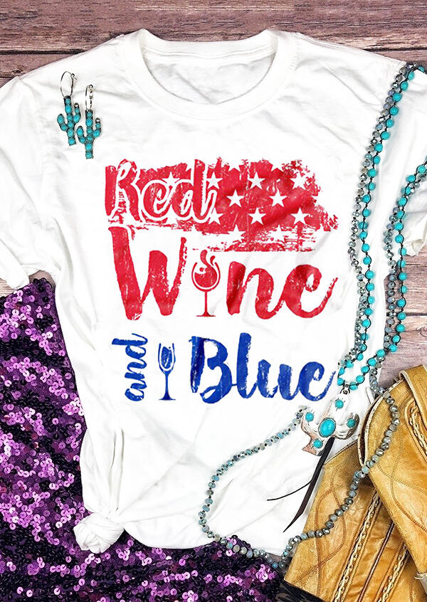 Red Wine And Blue Star T-Shirt Tee – White