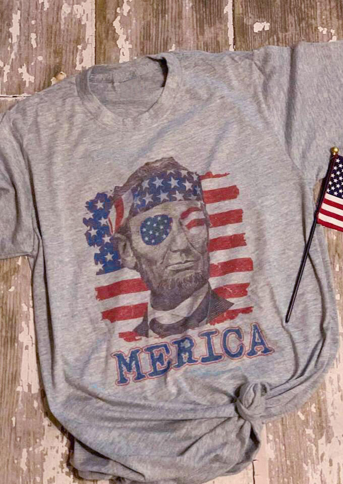 

Merica Lincoln American Flag T-Shirt Tee - Gray, 448138