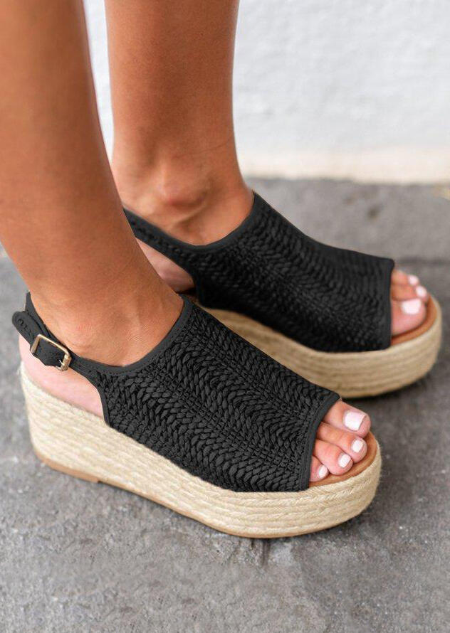 

Solid Buckle Strap Peep Toe Wedge Sandals - Black, 448096
