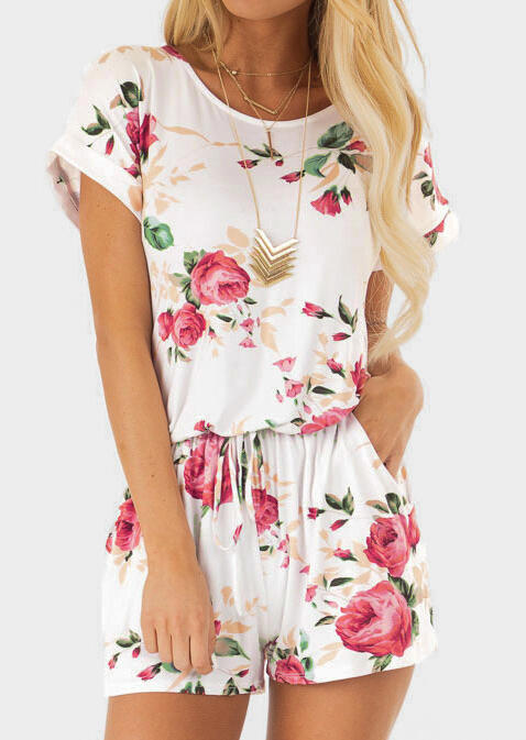 

Floral Drawstring Pocket Romper without Necklace - White, 448108