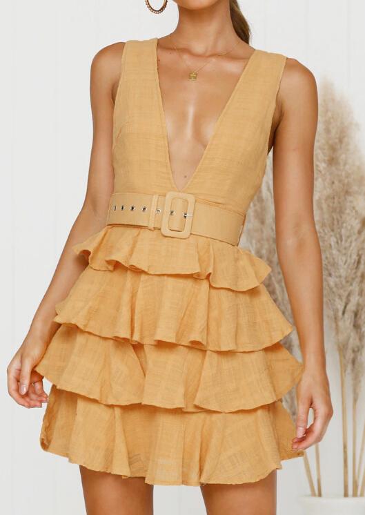 

Mini Dresses Solid Ruffled Deep V-Neck Mini Dress without Necklace - Yellow. Size