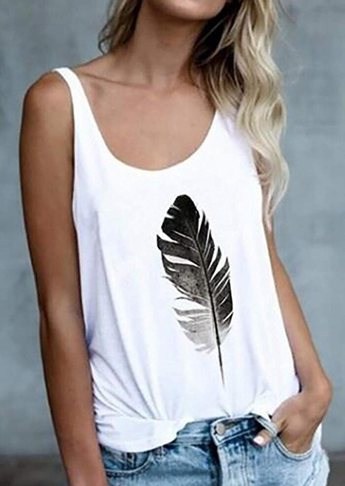 

Feather Printed O-Neck Tank - White, 447860