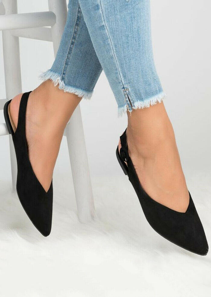 Solid Buckle Strap Pointed Toe Flats - Black - Fairyseason