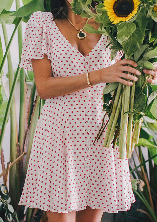 

Polka Dot Button Casual Dress without Necklace - White, 448553
