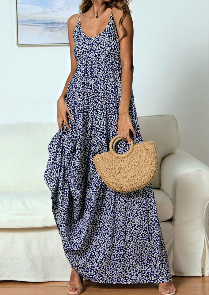 

Floral Printed Spaghetti Strap Maxi Dress without Necklace - Navy Blue, 446909