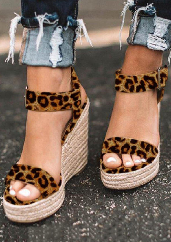 

Leopard Printed Buckle Strap Wedge Sandals - Leopard, 448392
