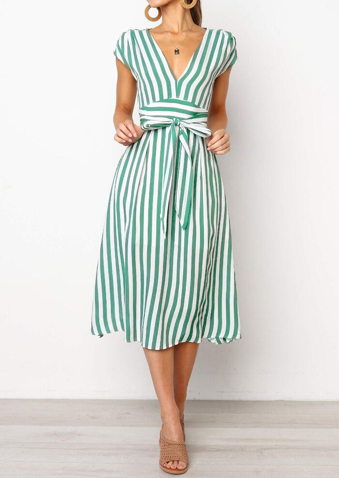 

Striped V-Neck Casual Dress without Necklace - Green, 448715