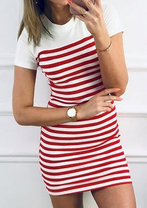 

Striped O-Neck Mini Dress - White, 448743