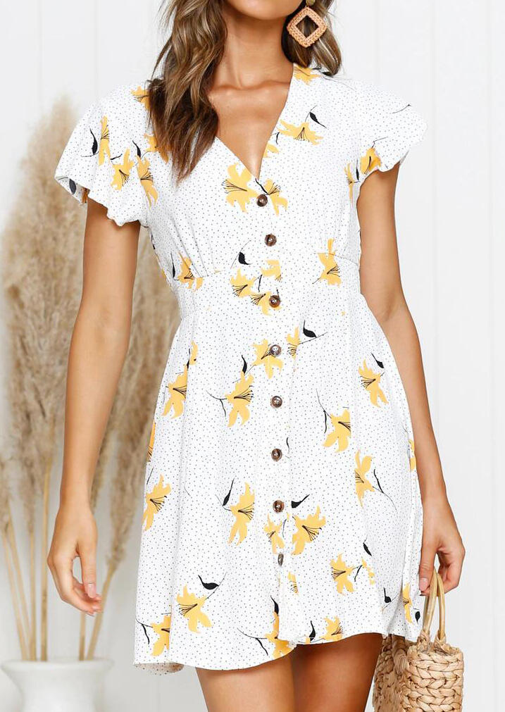 

Mini Dresses Floral Button V-Neck Mini Dress - White. Size: ,M