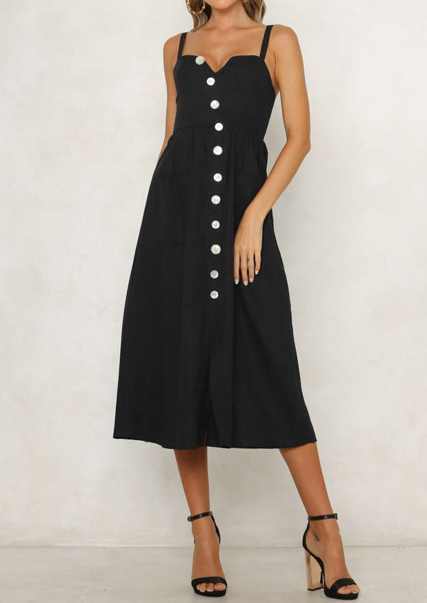 

Solid Button Spaghetti Strap V-Neck Casual Dress - Black, 448789