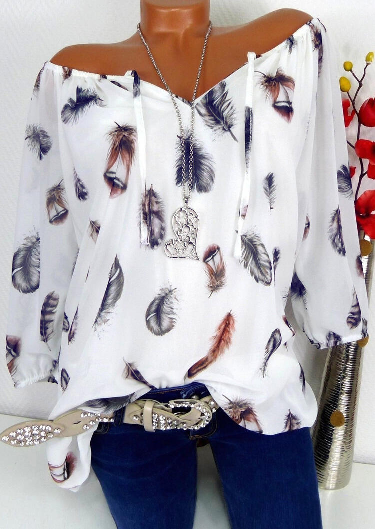 

Blouses Feather Off Shoulder Blouse without Necklace in White. Size