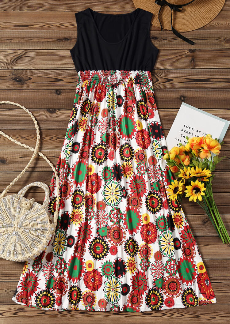

Casual Dresses Splicing Floral O-Neck Casual Dress - Black. Size: ,M
