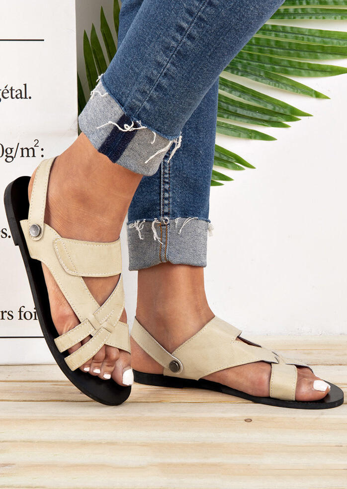 

Solid Hollow Out Flat Sandals - Beige, 448595