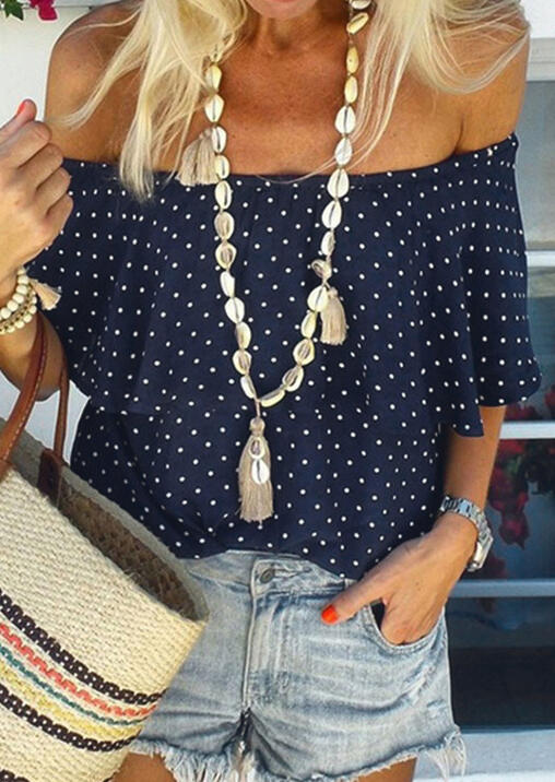 

Polka Dot Off Shoulder Blouse without Necklace - Navy Blue, 448748