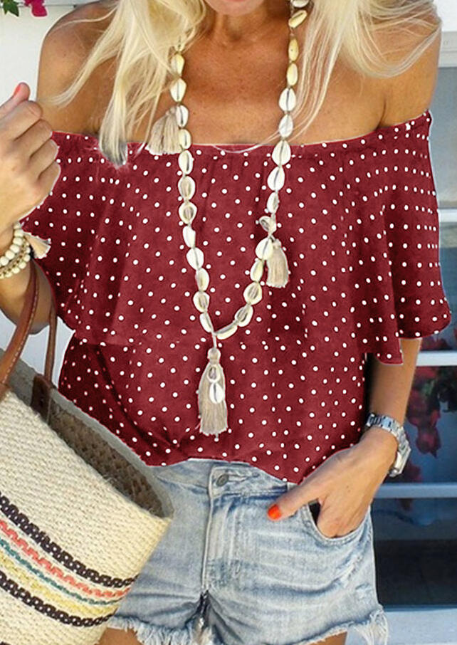 

Blouses Polka Dot Off Shoulder Blouse without Necklace - Burgundy. Size