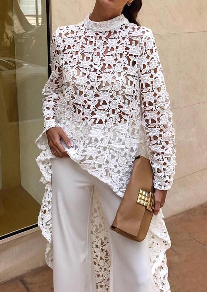 

Blouses Lace Splicing Hollow Out Blouse - White. Size