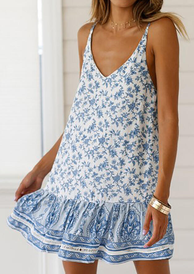 

Floral Spaghetti Straps Ruffled Mini Dress without Necklace -White, 449022