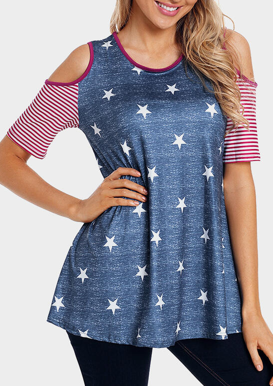 

American Flag Cold Shoulder Blouse - Deep Blue, 449041