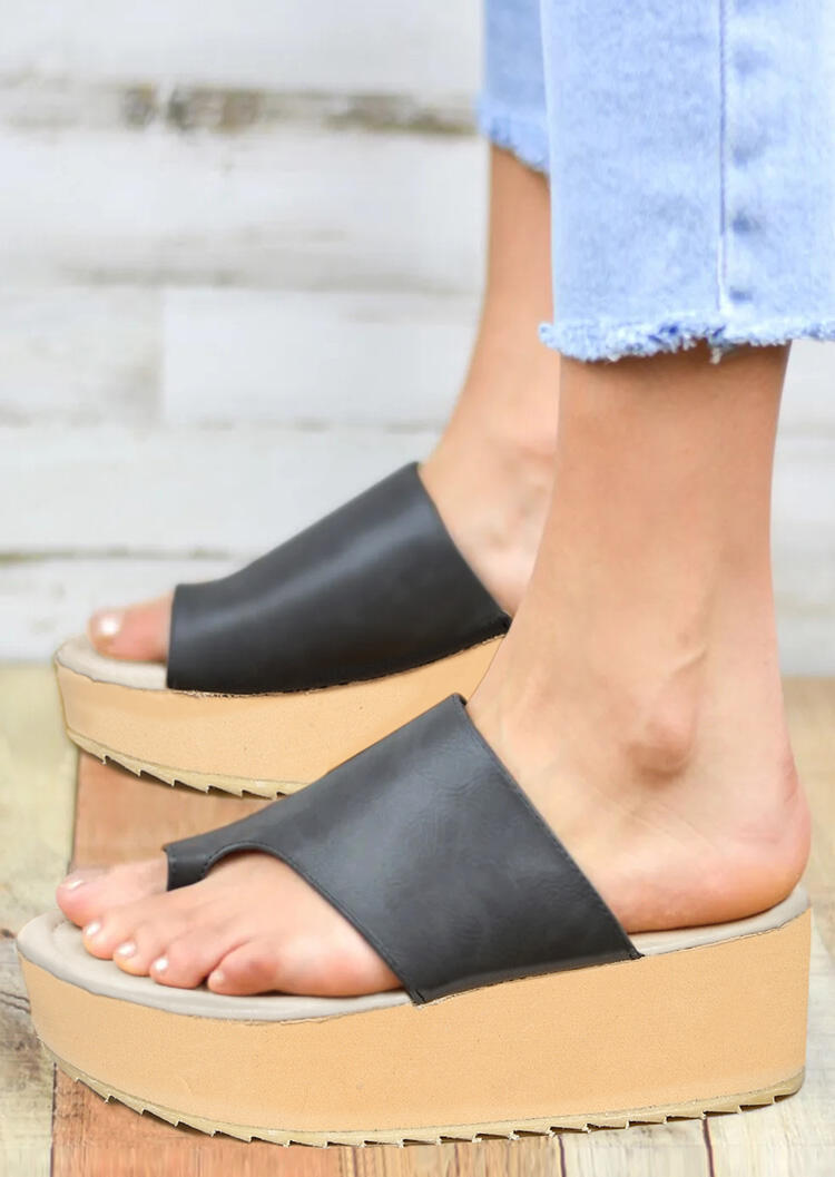 Solid Round Toe Platform Slippers - Gray, 448542