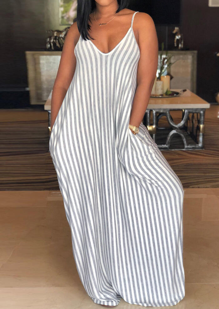 

Striped Pocket Spaghetti Strap Maxi Dress - Gray, 449256