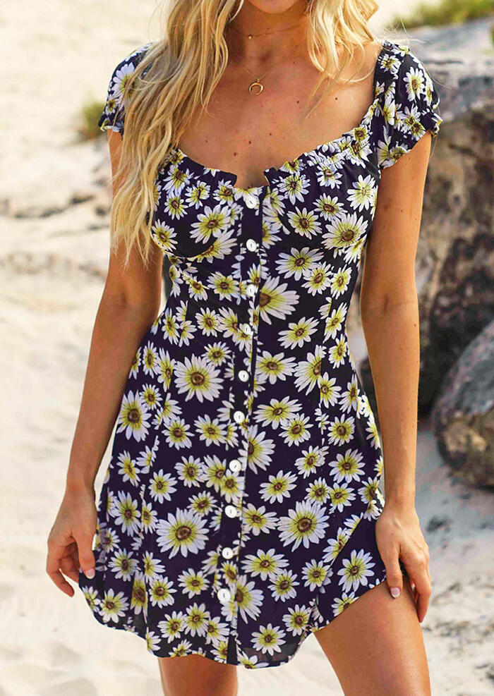 

Floral Button Mini Dress without Necklace - Navy Blue, 449195