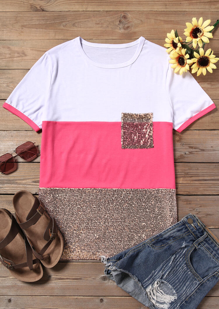 

Tees T-shirts Sequined Pocket Color Block T-Shirt Tee - White. Size