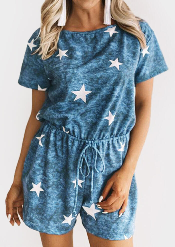 

Star Drawstring O-Neck Romper - Light Blue, Lightblue, 449239