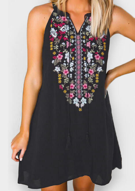 

Floral Tie V-Neck Mini Dress -Black, 449331