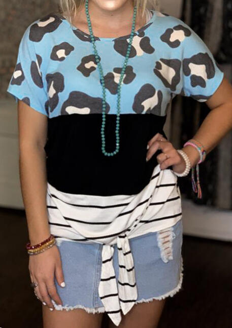 

Leopard Printed Striped Tie Blouse without Necklace - Leopard, 449332