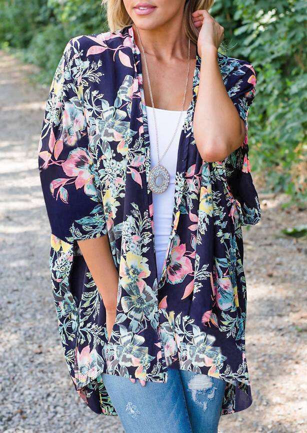 

Floral Three Quarter Sleeve Cardigan without Necklace - Navy Blue, 449341