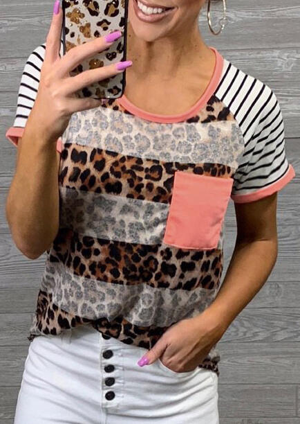 

Tees T-shirts Leopard Printed Pocket Striped T-Shirt Tee - Leopard. Size