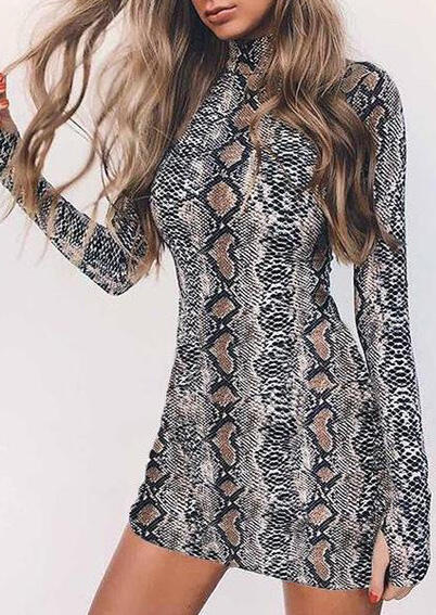 

Bodycon Dresses Snake Skin Printed Long Sleeve Bodycon Dress. Size