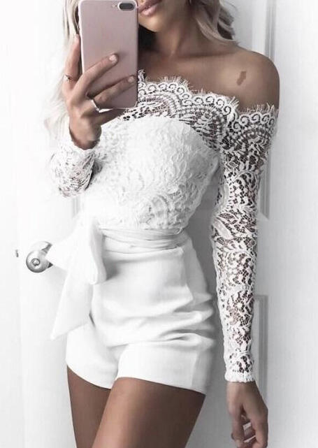 

Jumpsuits & Rompers Solid Lace Splicing Off Shoulder Romper - White. Size