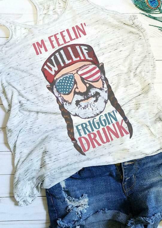 

I' Feelin' Willie Friggin' Drunk American Flag Glasses Tank Top, White